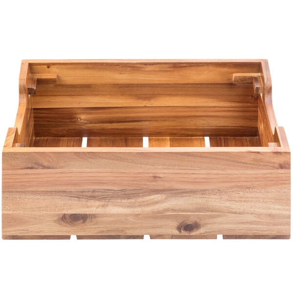 A Tablecraft acacia wood box with two compartments.