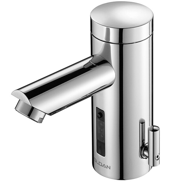 A Sloan polished chrome electronic faucet with a side mixer.