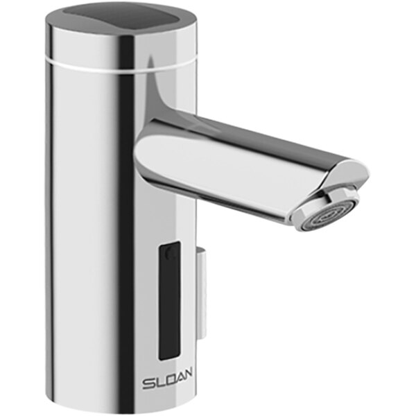 A Sloan Optima chrome deck mounted sensor faucet with a black button.