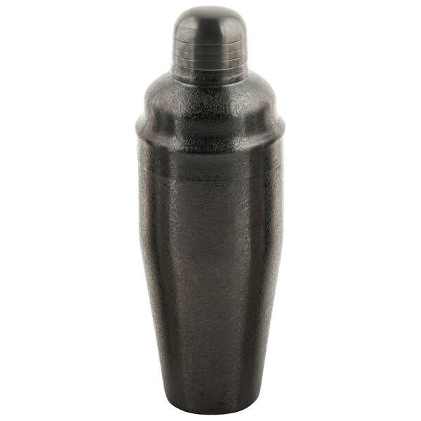 A Tablecraft black stainless steel cocktail shaker with a black lid.