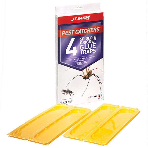 A box of 4 yellow JT Eaton Stick-Em spider and cricket glue traps.