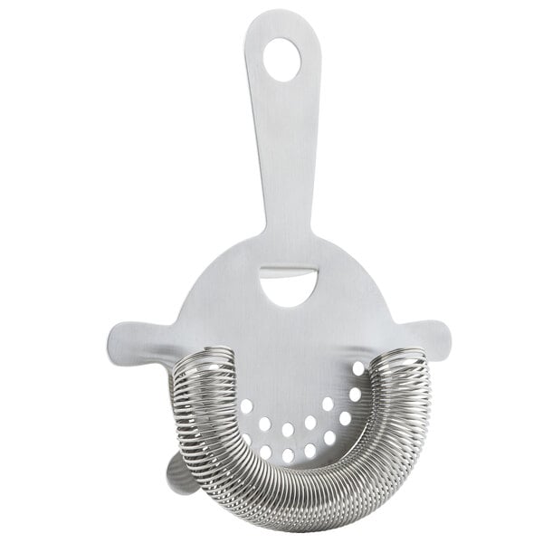 A Tablecraft brushed stainless steel cocktail strainer with a metal handle and wire.
