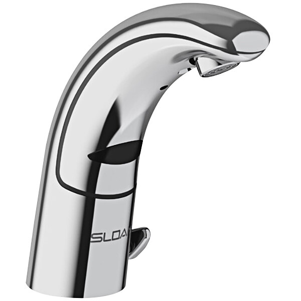 A Sloan chrome deck mounted sensor faucet with a black handle.