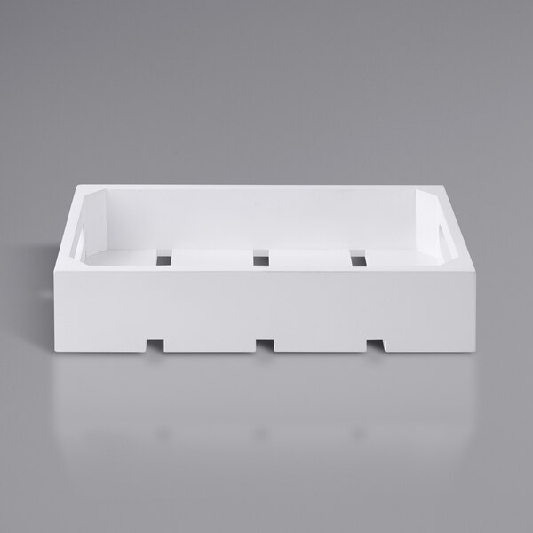 A white rectangular Tablecraft Gastronorm wood crate with three compartments.