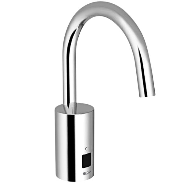 A Sloan polished chrome gooseneck faucet with a black side mixer.