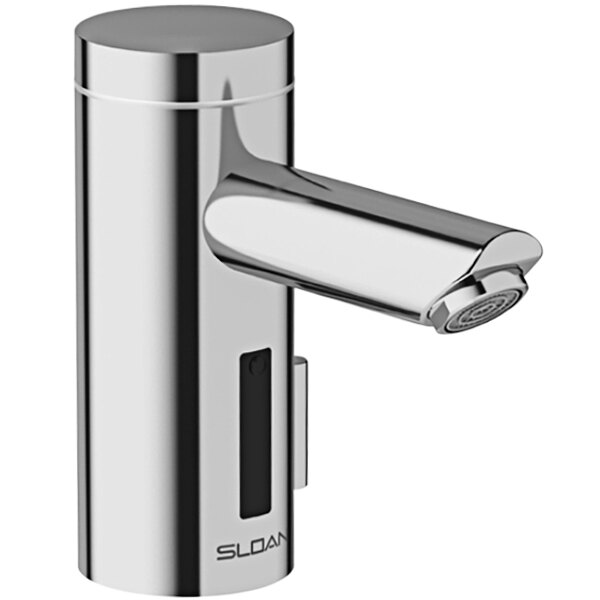 A close-up of a Sloan chrome hands-free faucet with a side mixer.