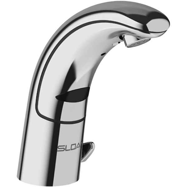 A brushed stainless Sloan Optima hands-free faucet with a black side mixer.