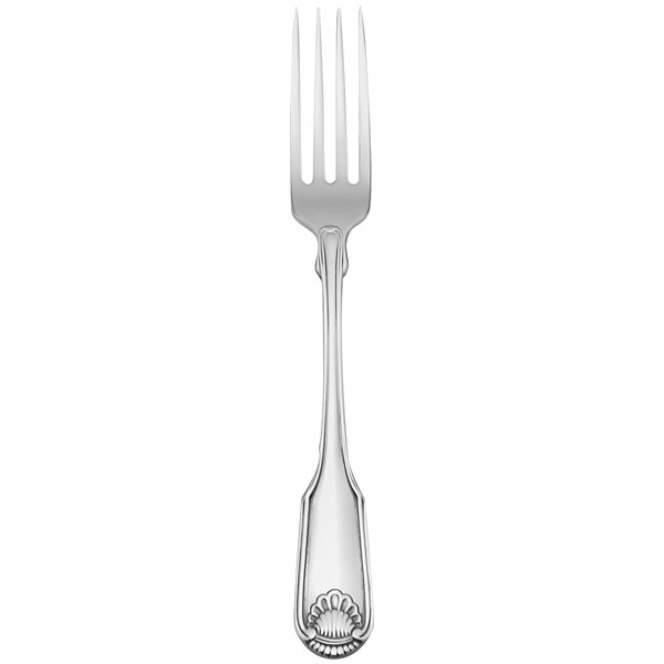 A Oneida stainless steel dinner fork with a shell design on the handle.