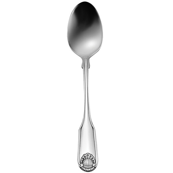 A Oneida Classic Shell stainless steel teaspoon with a design on the handle.