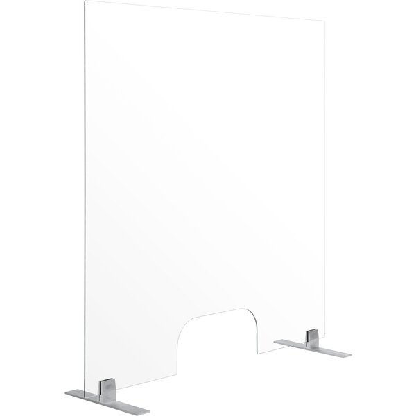 A clear rectangular glass screen with metal legs.
