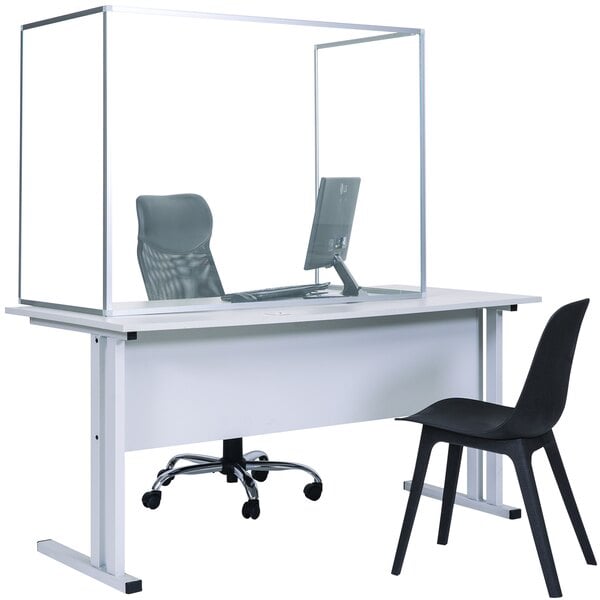 A white office desk with a MasterVision glass desktop shield on top and a black chair.