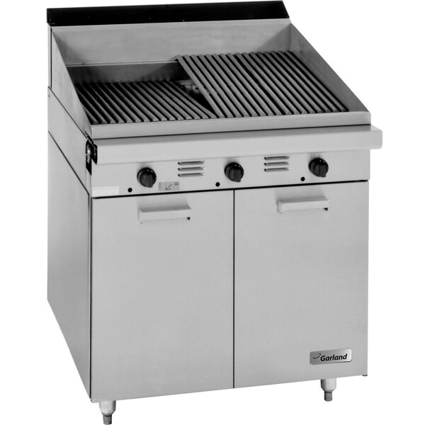 A large stainless steel Garland charbroiler with two burners.