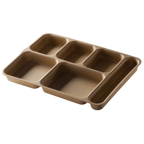 A brown Cambro serving tray with six compartments.