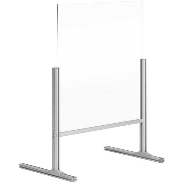 A MasterVision white metal stand with clear glass panel.