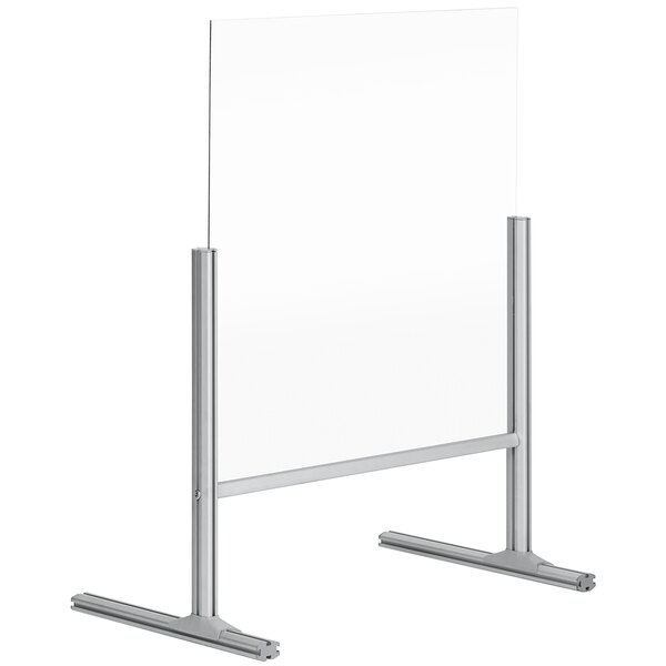 A clear glass MasterVision free-standing register shield with a silver frame.