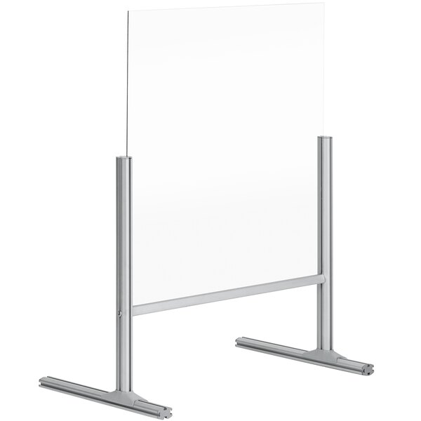 A white glass MasterVision free-standing register shield with silver legs.
