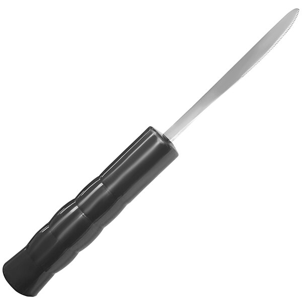 A black knife with a silver blade and a black handle.