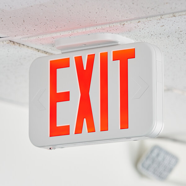 A white Lavex LED exit sign with red text and adjustable arrows.