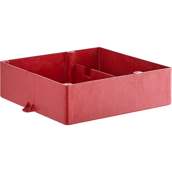 A red plastic condensate pan with two compartments and holes.