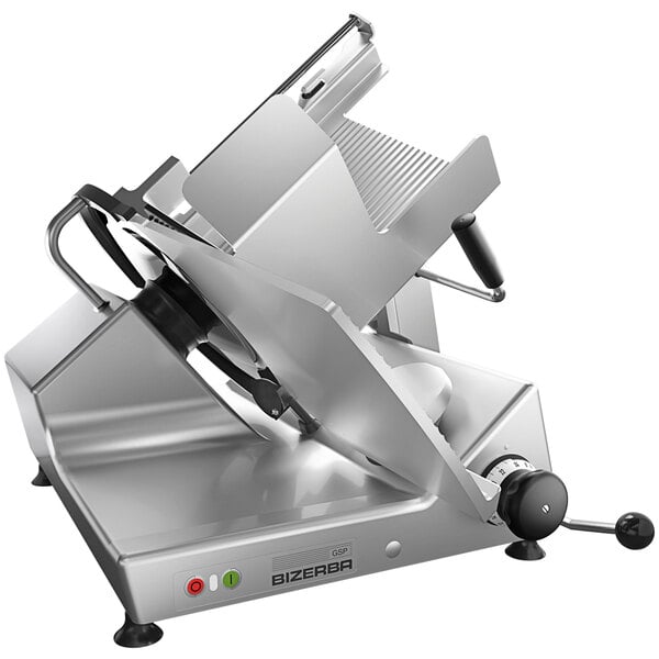 A Bizerba GSP Series meat slicer with a handle on top.