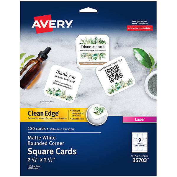 A package of white Avery® Clean Edge square cards with rounded edges.