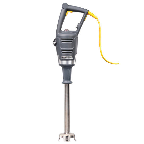 A Hamilton Beach commercial immersion blender with a yellow and grey handle.