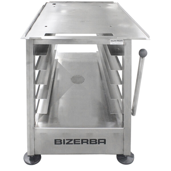 A Bizerba stainless steel mobile slicer stand with wheels.