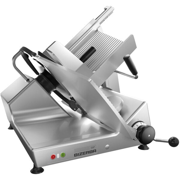 A Bizerba heavy-duty manual meat slicer with a metal blade on top.
