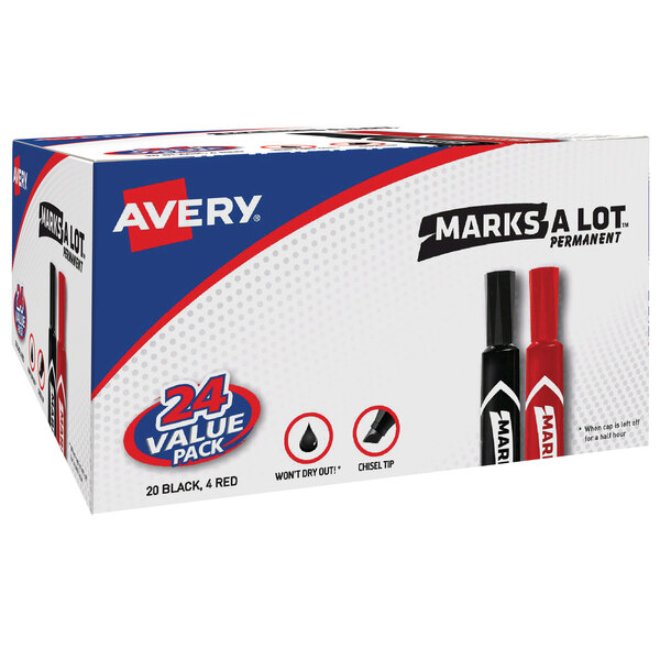 A box of 24 Avery® Marks-A-Lot black permanent markers.