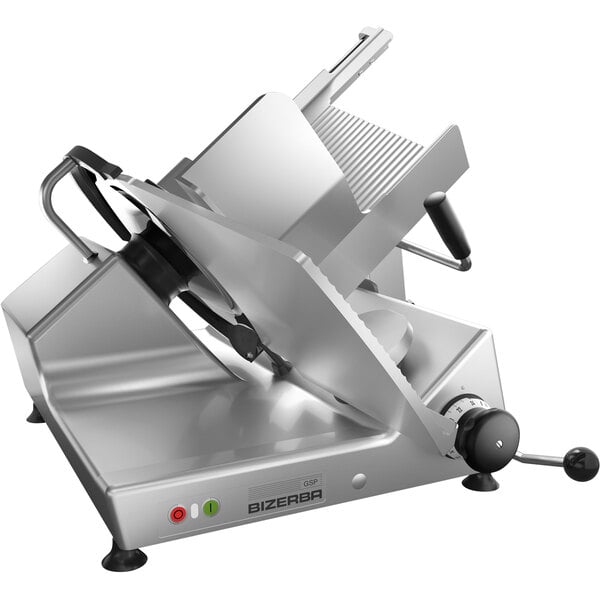 A Bizerba heavy-duty meat slicer with a stainless steel blade and handle.