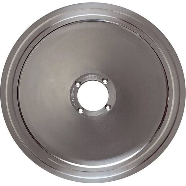 A circular silver metal Bizerba GVRB-13 blade with holes.