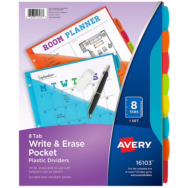 A package of Avery® 8-tab plastic dividers with a pen and a writing pad.