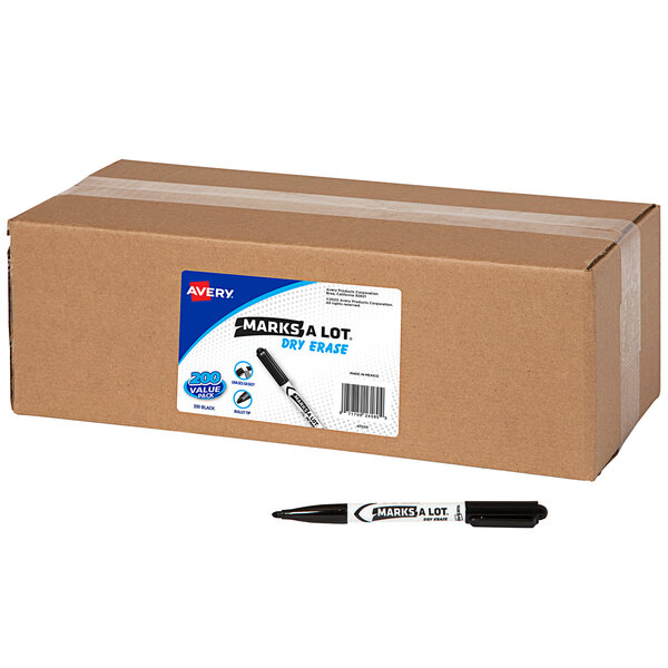 A brown box with a white label for Avery Marks-A-Lot Black Dry Erase Markers.