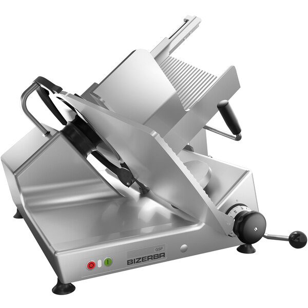 A Bizerba heavy-duty manual meat slicer with a metal blade.