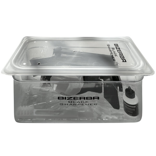 A Bizerba plastic container with a black handle and a blade sharpener inside.