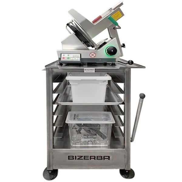 A Bizerba stainless steel mobile slicer stand with sheet pan rack.