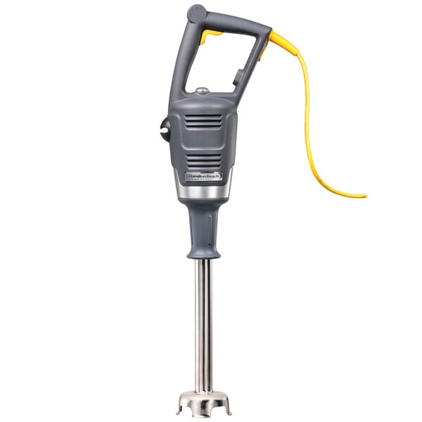 A Hamilton Beach commercial immersion blender with a grey and yellow handle.