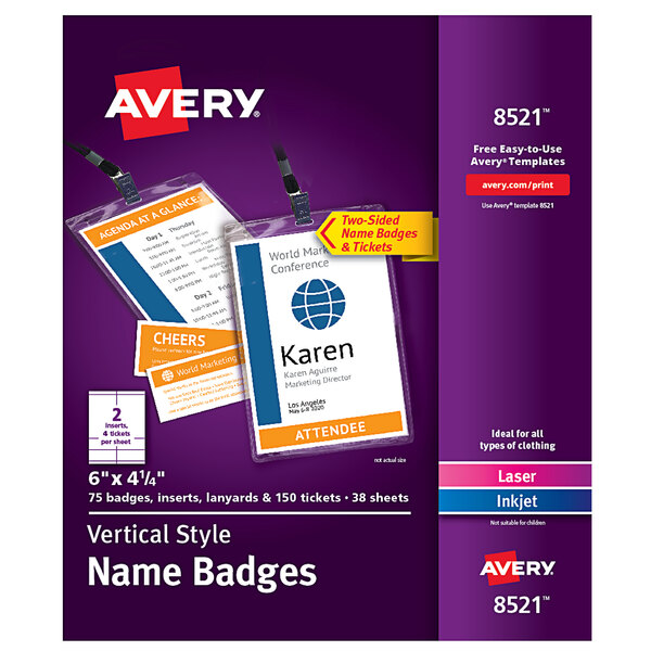 A package of purple Avery vertical plastic name badge holders with lanyards.