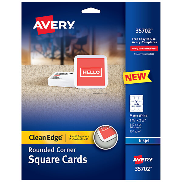 A blue box of Avery square cards with yellow accents.