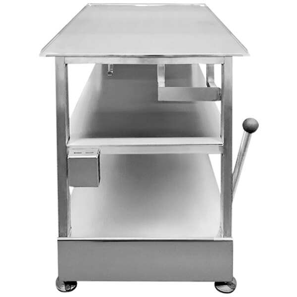 A Bizerba stainless steel table with a fixed undershelf and retractable wheels.