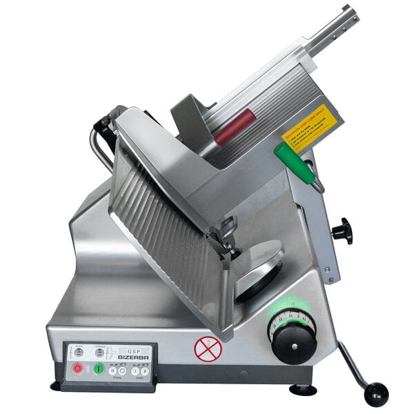 A Bizerba heavy-duty meat slicer with a green handle.