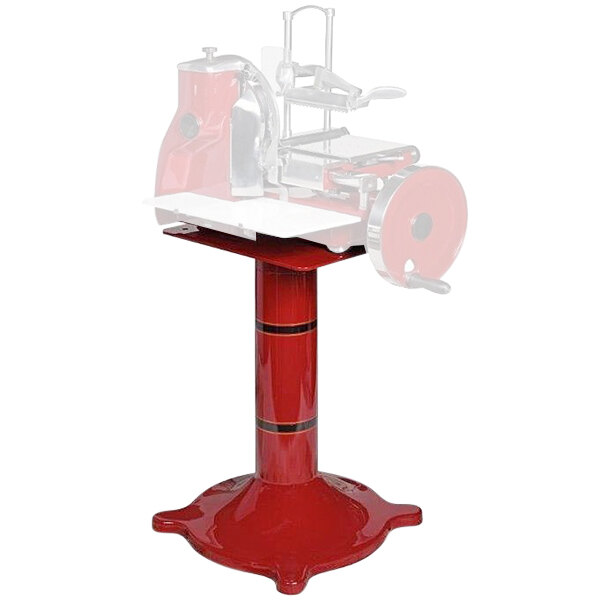 A red Bizerba pedestal stand with a white object on it.