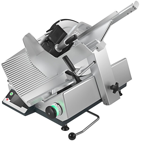 A Bizerba meat slicer with a metal blade slicing meat.