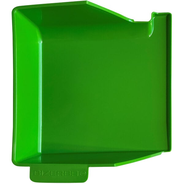 A green plastic tray with a curved edge and a handle.