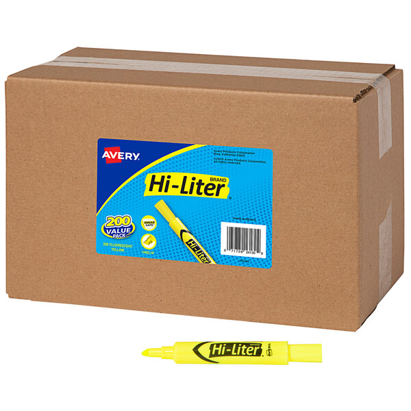 A brown box of Avery Hi-Liter fluorescent yellow desk style highlighters with a blue and yellow label.