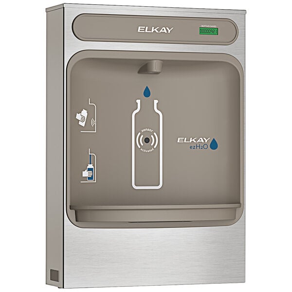 An Elkay stainless steel surface mount water dispenser filling a bottle.