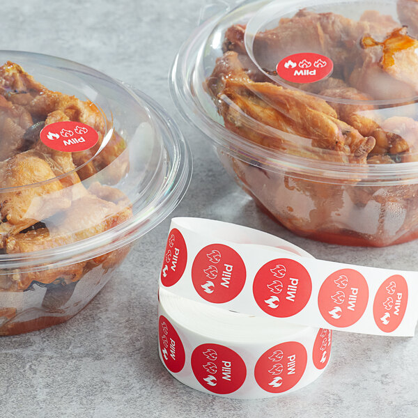 A group of plastic containers with chicken wings labeled with red and white Point Plus stickers.