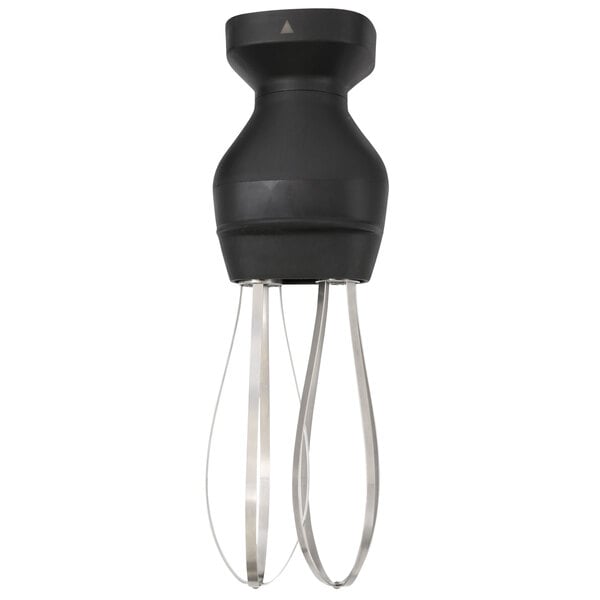 A black and silver metal whisk attachment with two blades.