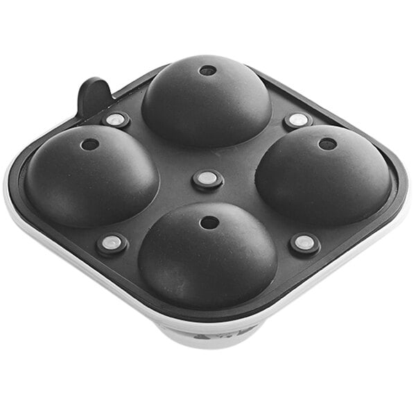 A black American Metalcraft silicone sphere ice mold with round compartments and a lid.