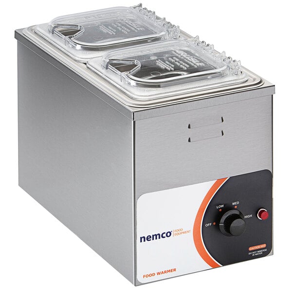 A Nemco countertop food warmer with a lid.